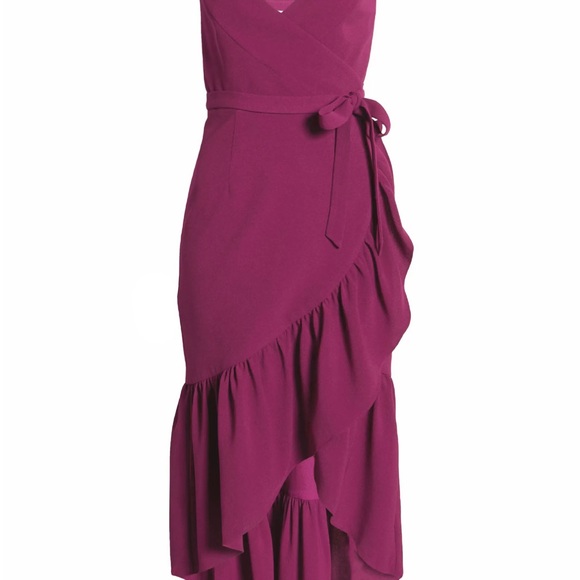 DRESS THE POPULATION Delphine Crepe Wrap Midi Dress dark magenta v neck elegant - Picture 6 of 8